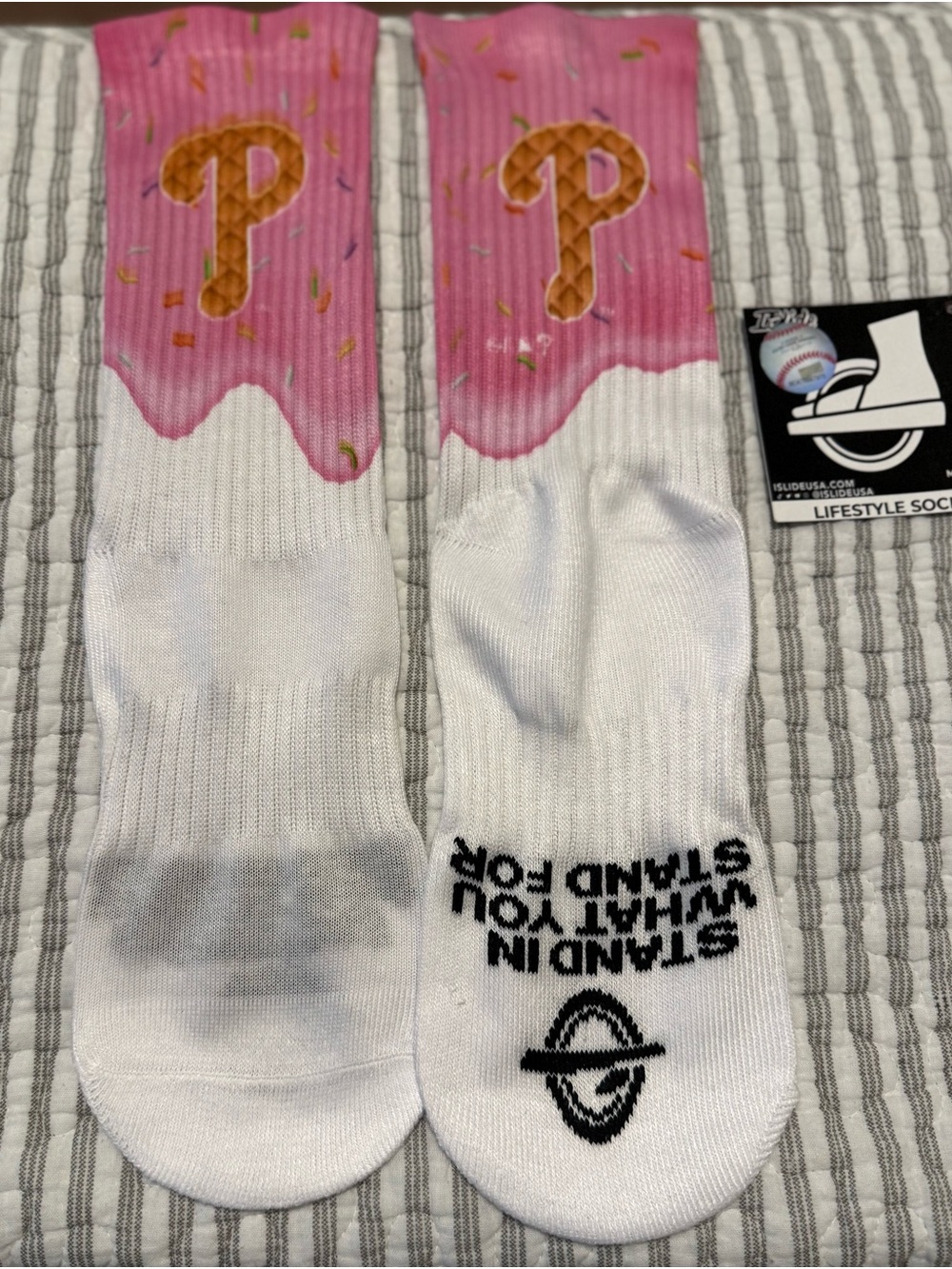 Phillies Pink Ice Cream Drip White Crew Socks - Stand In What You Stand For